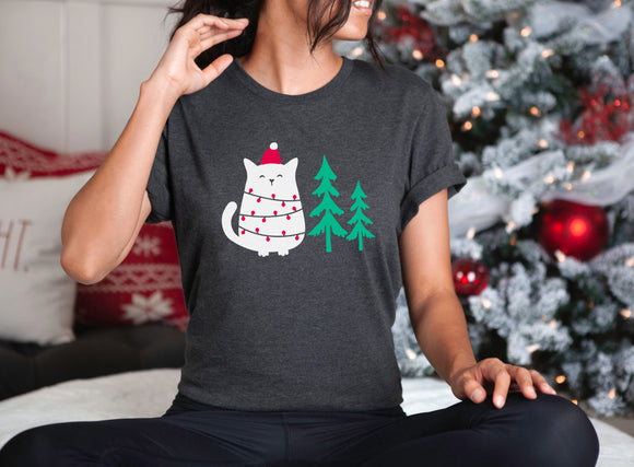 Cat Wrapped in Lights Tree Tee